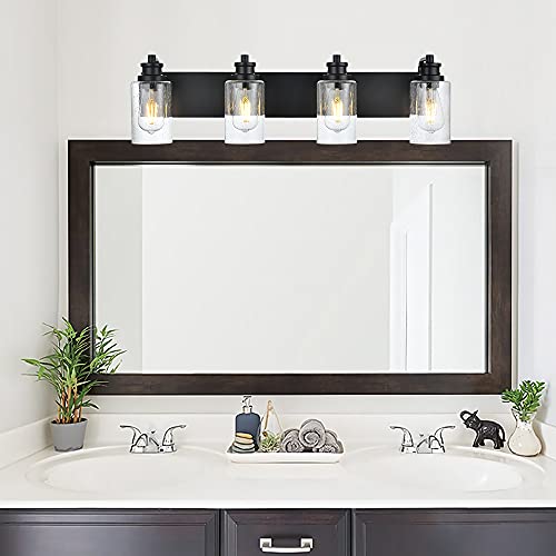 Image of 4-Light Bathroom Vanity Light Fixtures, 28 inch Black Wall Sconce with Seedy Glass Shades, Modern Bathroom Lighting for Mirror, Hallway, Bedroom, Living Room