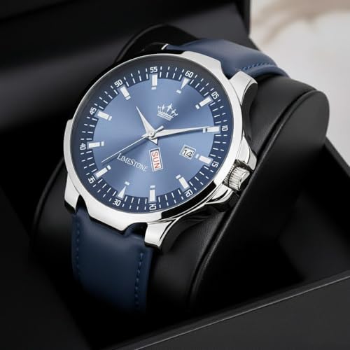 Image of LIMESTONE Men's Analog Quartz Watch with Day & Date Display, Leather /Silicone Strap - Casual & Formal Wrist Watch for Men