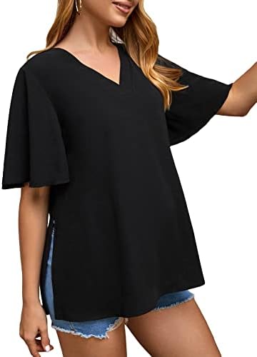 OYOANGLE Women's Maternity Short Sleeve Split Hem V Neck Casual Soft Tunic Tee Shirt Black Solid L