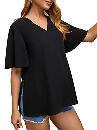 Oyoangle Women's Maternity Short Sleeve Split Hem V Neck Casual Soft Tunic Tee Shirt Black Solid L #TOP1