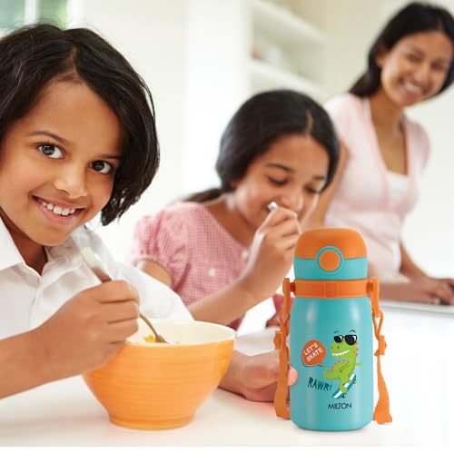 Image of MILTON Torque 450 ISI Certified Stainless Steel Water Bottle, Leak Proof, Rust Proof, Single walled,1 Yr Warranty, Ideal Sipper Water Bottle for School Kids Bottle, 455 ml, Blue (Dinosaurs)
