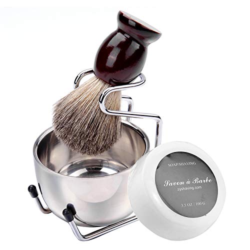 Grandslam Shaving Brush Kit,Pure Badger Hair Shaving Brush with Solid Wood Handle,Milk Shaving Soap,Stainless Steel Shaving Stand and Double Layers Shaving Bowl