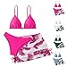 Teen Girls 3 Piece Crossback Bikini Swimsuit Kids Fashion Palm Tree Print Tummy Control Swimwear Cute Comfy Bathing Suit (Hot Pink, 13-14 Years)