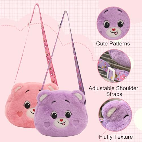 KASESSS 2 Stück Umhängetasche Mädchen, Handtasche Mädchen, Plüsch Kindertasche, Süß Bär Crossbody Bag, Kinder Sling Bag, Klein Shoulder Bag, Plüsch Umhängetaschen Geschenke für mädchen (Rosa,Lila)