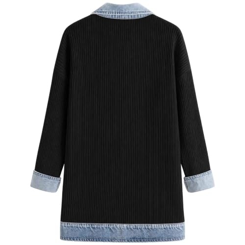 Denim Blazer for Women Collared Patchwork Jackets Knit Cardigan - image 3