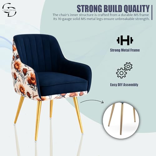 Image of Velvet Accent Chair | Luxury Upholstered Armchair with Sturdy Metal Legs | Modern Comfortable Chair for Living Room, Bedroom, Office, or Cafe (Golden Legs, Blue Floral)