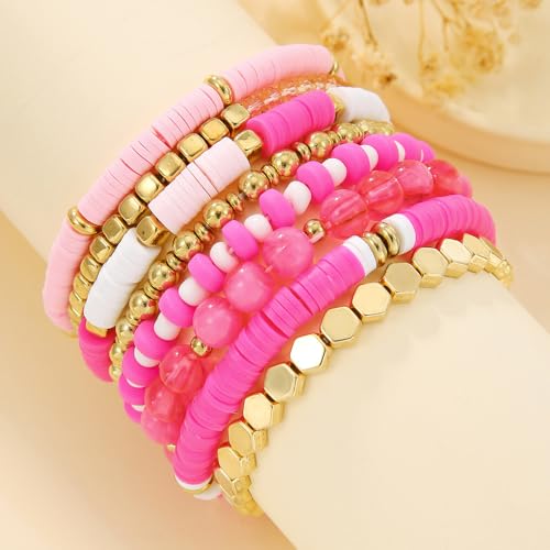 8Pcs Heishi Beaded Stretch Bracelets Bohemian Stackable Bracelet Heart Clay Gold Beaded Bracelet for Women Multi-Layer Friendship Summer Beach Jewelry2