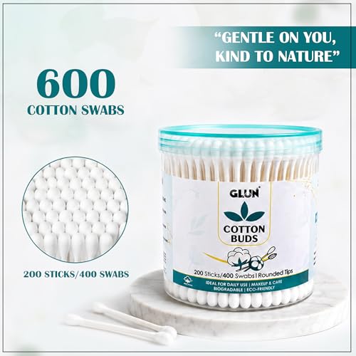 Image of GLUN Safety Cotton Ear Cleaning Buds, Pack of 3 (600 Buds), Large Tips for Cleaning Earwax, Makeup Remover for Newborn Babies, 100% Organic Cotton