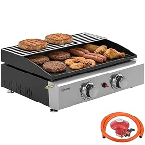 Outsunny 2 Burner Grill Griddle, Portable Gas Plancha with Warming Rack, 5 kW, Tabletop Gas BBQ with Grease Cup for Camping Picnic Patios, Black