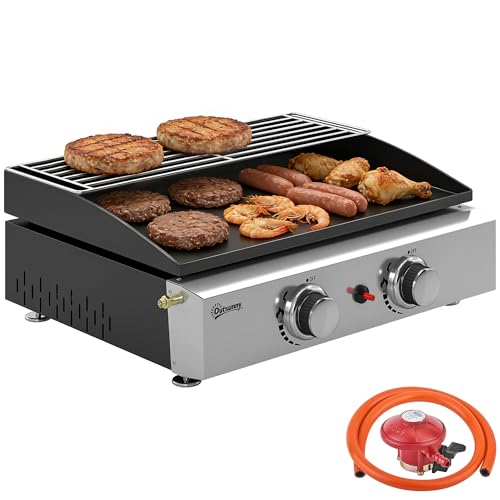 Outsunny 2 Burner Grill Griddle, Portable Gas Plancha with Warming Rack, 5 kW, Tabletop Gas BBQ with Grease Cup for Camping Picnic Patios, Black