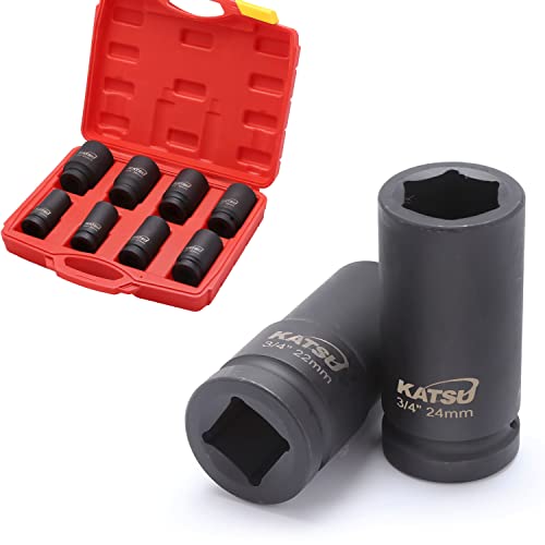 KATSU llaves de vaso impacto de 3/4' 8 Piezas, Juego de llaves de Vaso de Impacto Profundo, llave Métrica Resistente de 22mm a 41mm, Herramienta de Reparación de Motores de Camiones Tractores 420460