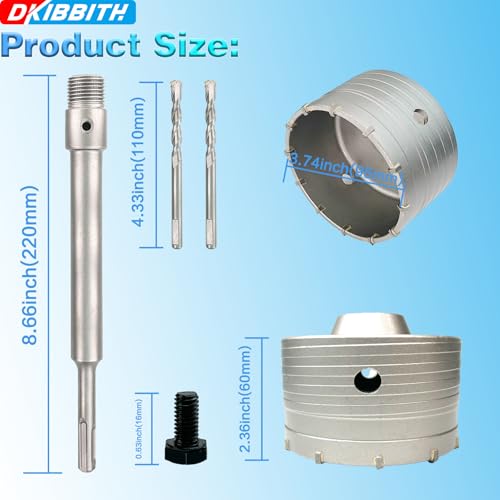 Image of 3-3 /4 inch Concrete Hole Saw, 95mm Tungsten Steel Core Bit for Cinder Block, Brick, Rock, Plank Walls for Pipes or mini Split Lines, with SDS Plus Shank and 2 Center Positioning Drill Bits.