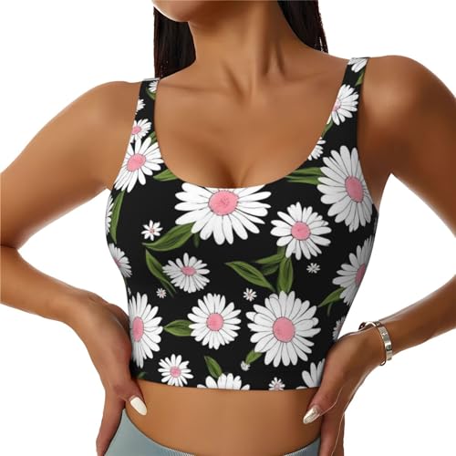 Women's Criss Cross Back Workout Tank Tops, Padded Yoga Sports Bra Crop Fitness Top, Little Daisy Flower Print Bra Tank Top