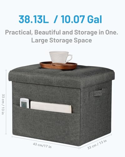 Image of Bsketa Storage Ottoman Bench,17 inch Folding Linen Foot Rest Stool,Dark Gray | Small Ottoman with Side Pockets, Thicker Foam Padded Seat, Livingroom, Dorm, Bedroom, Easy to install, 43L,17 x 13 x 13in