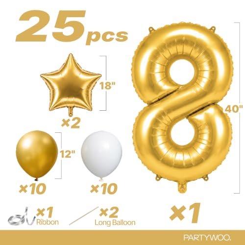 Image of PartyWoo Metallic Gold Number 8 Balloon 40 Inch 25pcs Gold Foil Star White