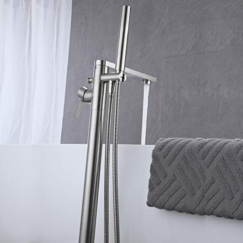 Wowkk Freestanding Bathtub Faucet Tub Filler Brushed Nickel Floor Mount Brass Single Handle Bathroom Faucets With Hand Shower #TOP4