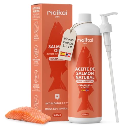MAIKAI Aceite de Salmón 100% Natural para Perros y Gatos 1L Rico en Omega 3 6 y 9 Refuerza Articulaciones Sistema Inmune y Piel Sana Pelo Brillante y Más Vitalidad