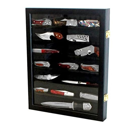 DisplayGifts Knife Display Case Pocket Knife Display Stand Military Folding Knife Shadow Box Wall Cabinet with UV Protection Glass Door Lockable, Great Way to Store and Display, Black Frame