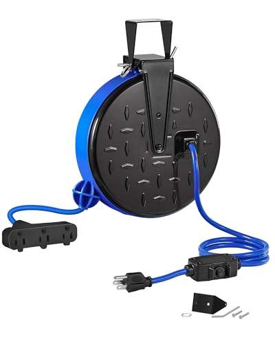 WILAWELS 30 Ft Retractable Extension Cord Reel, 16/3 Gauge SJTW Power Cord with 3 Electrical Outlets...