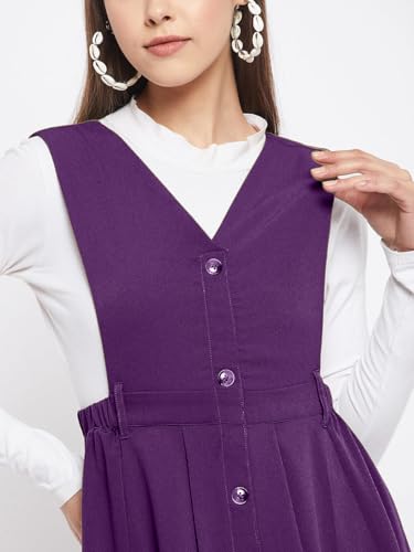 Image of WineRed Women Soild Pinafore Dress with Button