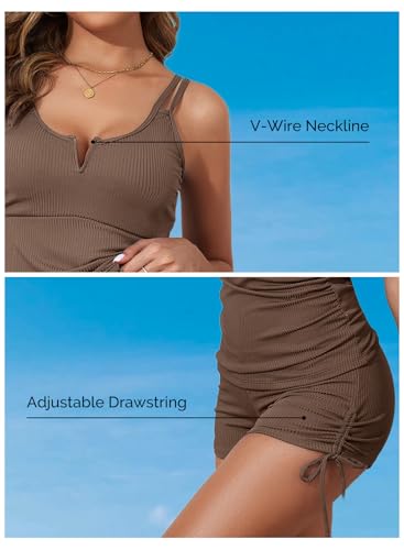 Image of Aleumdr Women's Two Piece Tankini Swimsuit Tummy Control Bathing Suit V Neck Swim Tank Top with Boyshorts