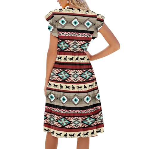 Image of Women's Casual Ruffle Sleeve Dress V Neck Pullover Dress Flowy A-Line Pleated Lightweight Dress with Pockets
