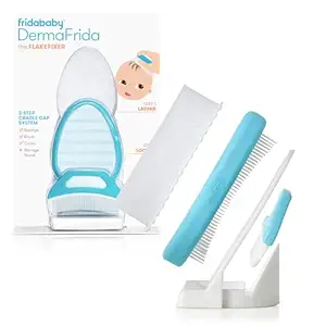 Frida Baby The 3-Step Cradle Cap System, DermaFrida The FlakeFixer, Sponge, Brush, Comb and Storage Stand for Babies with Cradle Cap, White-Blue