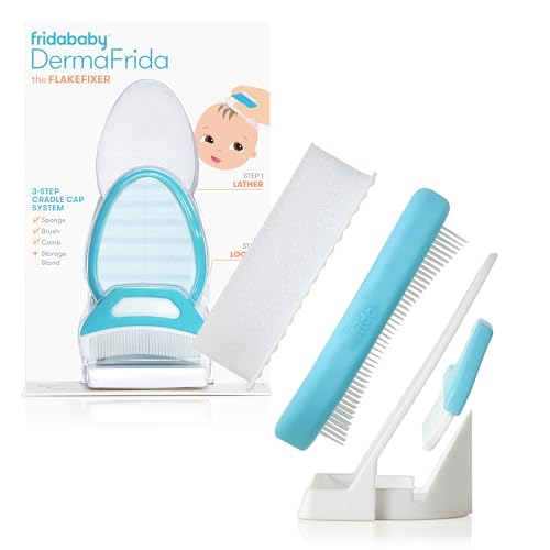 Frida Baby The 3-Step Cradle Cap System, DermaFrida The FlakeFixer, Sponge, Brush, Comb and Storage Stand for Babies with Cradle Cap, White-Blue by Frida Baby - Used condition - US$10.72
