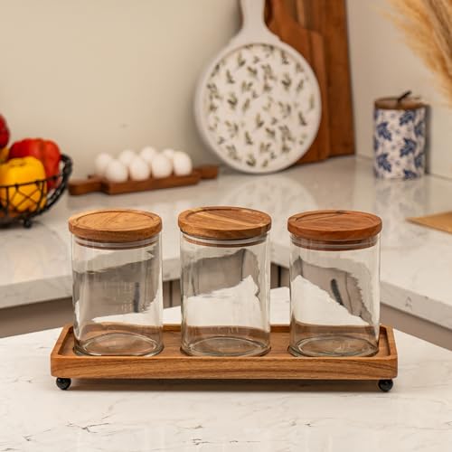 Image of Trine Storage Jar Set - Glass & Acacia Wood with Tray - Multipurpose Storage for Kitchen & Decor (Set of 3)