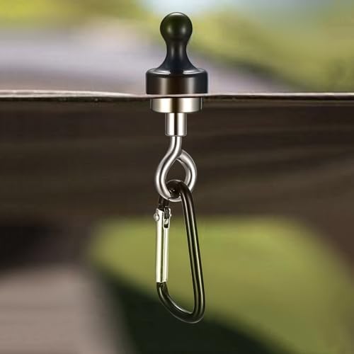SHACHENH 4 Stück Magnethaken Extra Stark, Magnethaken Camping Magnet Haken, Schwarz Magnet mit Haken, Magnetische Haken mit Karabiner, Magnethalterung für Camping Garage Küche Büro Badezimmer