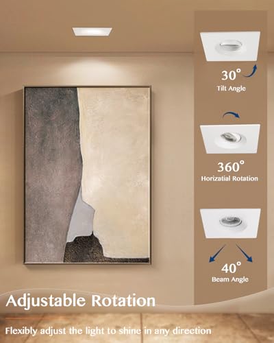 Image of 4 Inch 6 Pack Square Recessed Lighting, 8W 5CCT Adjustable Canless Wafer Downlight, 360 Rotatable and 30 Tiltable LED Eyeball Lights, 4 Inch 6 Pack White