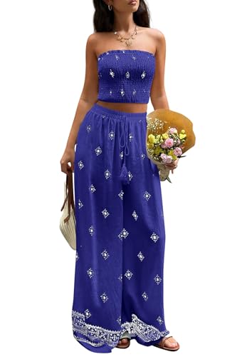 PRETTYGARDEN 2 Piece Sets for Women Summer 2026 Fashion Clothing Boho Tube Tops Wide Leg Pants Cruise Beach Vacation Outfits (Royal Blue,Large)