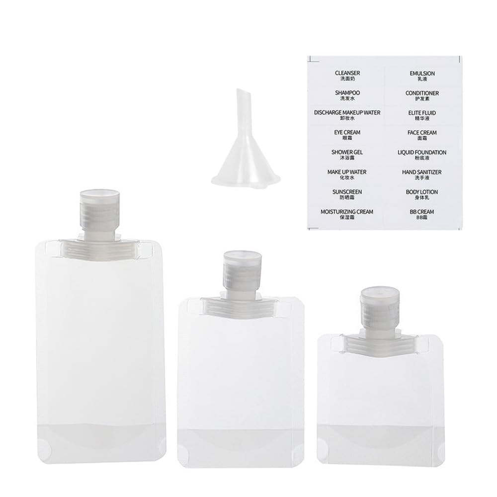 Kit Viaggio Liquidi,15 PCS Borse Portatili per Fluidi da Viaggio Sacchetto di Spremere Ricaricabile 30 / 50 / 100 ML con Etichetta Trasparente e un Piccolo Imbuto per Lozione Shampoo Balsamo