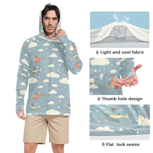 Helicopter Stars Cloud Silver Mens Sun Shirts Protection Long Sleeve Cooling Hoodies Swim Shirt UPF 50+ S4