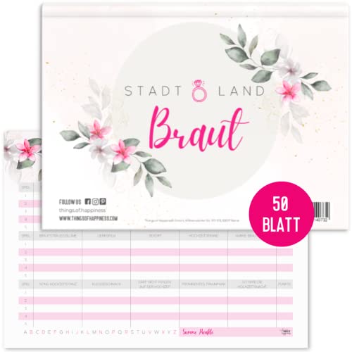 Stadt, Land, Fluss Braut | Kultspiel für den Junggesellinnenabschied | Ratespiel JGA oder Bachelorette Party | Geschenk Braut | Quizblock DIN A4 mit 50 Blatt (JGA Eucalyptus Pink)