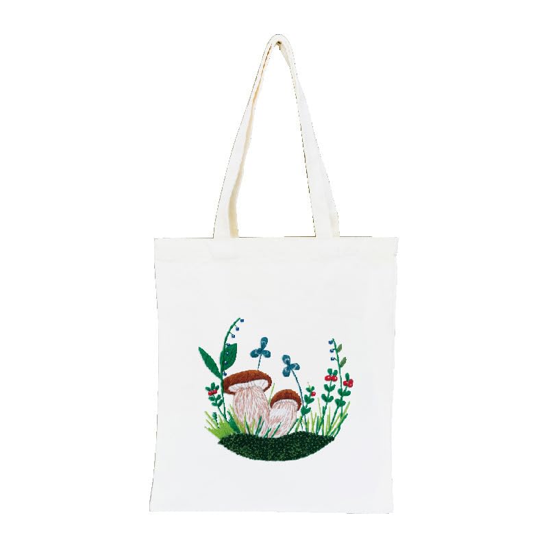 DIY Stamped Embroidery Tote Bag Kits Mushroom and Flower with Pattern Hoops Threads Needlework Art Reusable Shopping Storage Handbag Cross Stitch Kits Home Organizer for Woman