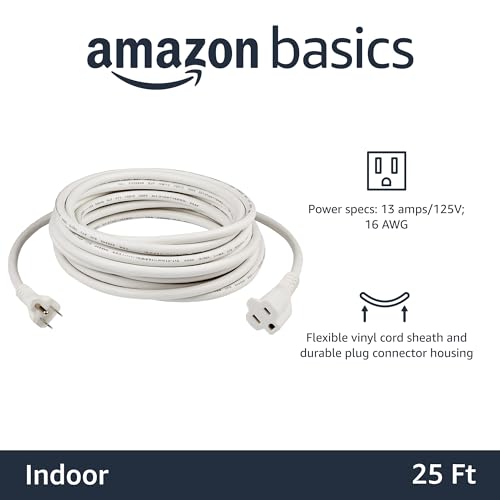 Image of Amazon Basics Indoor Extension Cord, 3 Prong Outlet Extender Power Cord, 13 Amps, 125V, 25 Ft, White, 2-Pack
