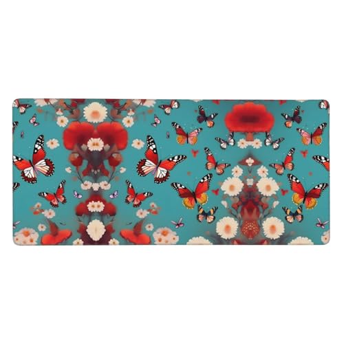 Alfombrilla de ratón con diseño de gallina y mariposas voladoras debajo de las flores, alfombrilla de ratón para juegos, alfombrilla de ratón grande con teclado de goma, 40,6 x 90 cm