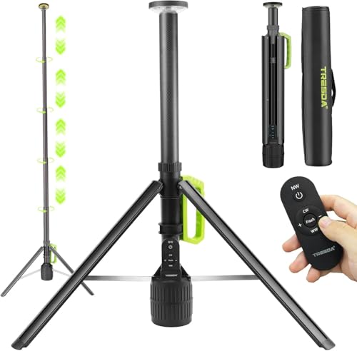 Tresda Luz de trabajo LED recargable de 360° con control remoto, soporte telescópico de trípode de 8.4 pies, 3000 lm, 3 modos de color, tipo C, luz impermeable portátil para exteriores, lugar de