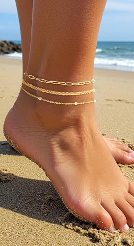 Image of Gold Ankle Bracelets for Women,14k Gold /Silver Plated Waterproof Layered lightweight Cuban Link Figaro Chain Heart anklet Bracelets Set Gold Anklets for women Trendy Jewelry Gift