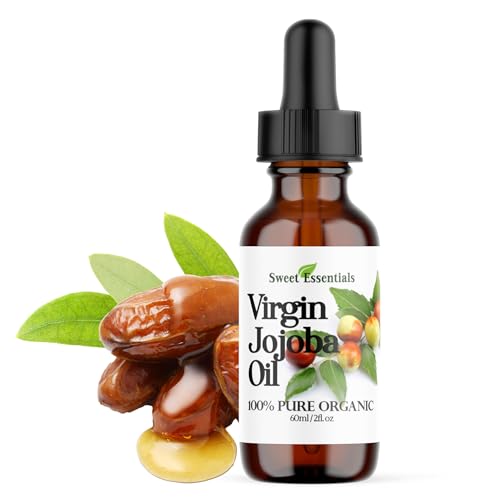 Sweet Essentials Organic Unrefined Jojoba Oil, Imported From Argentina, 100% Pure, Cold Pressed - For Hair, Skin & Nails - Best Natural Moisturizer, Hexane Free (2 fl oz Glass Bottle W/Dropper)