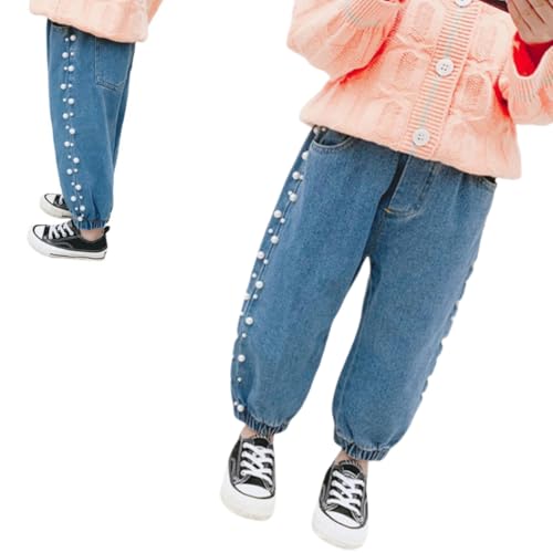 Girls Pearl Denim Jeans Soft Pants Leg Elastic Band Casual with Pockets Kids