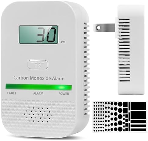 Carbon Monoxide Detectors Plug in Wall,CO Gas Monitor Alarm Detector,Portable Carbon Monoxide Alarm with Digital Display Sound & Light Warning for Home/Travel with 1-Pc Led Light Blocking Stickers