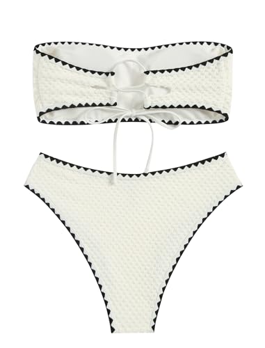 Image of ZAFUL Women's High Cut Bandeau Bikini Set Strapless Solid Color 2 Pieces Bathing Suit Swimsuit