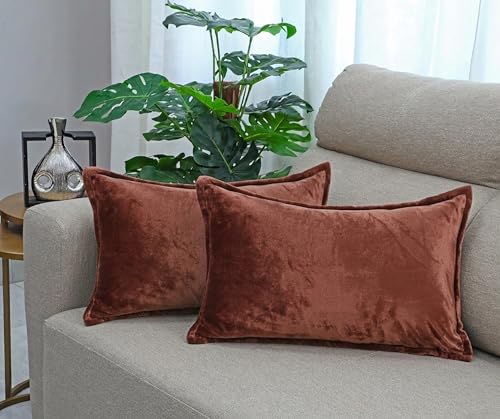 Image of RD TREND Velvet Cushion Covers Set of 2, Soft Long Cushion Covers 18x28 Inches, Rectangular Decorative Throw Pillowcases for Sofa, Bed & Living Room | Solid Coffee