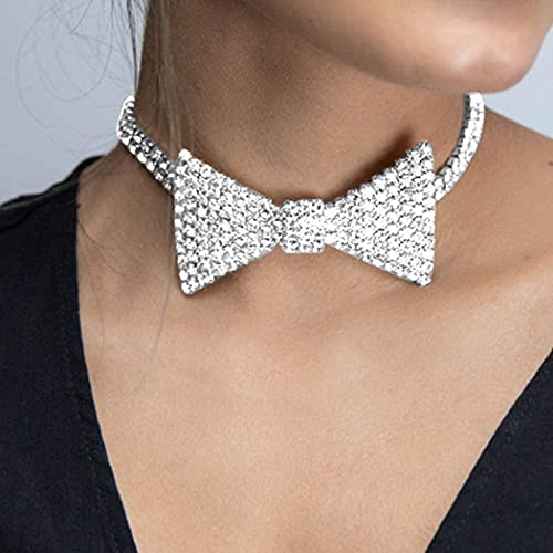 Sethexy Sparkly Rhinestone Choker Glitter Bowtie Necklace Bowknot Tennis Chain Party Nightclub Wedding Costume Jewelry for Women2