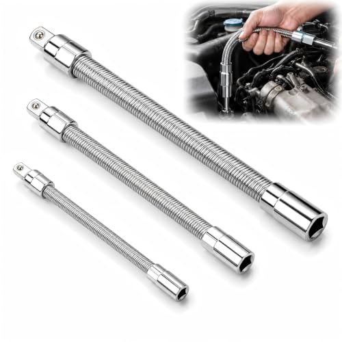 Image of CAIFUGUIHE Flexible Socket Extension, 3PCS Steel Flexible Bar Set, 1/4", 3/8", 1/2" Drive Bendable Socket Rod, 360° High Torque Spring Steel Universal Extension Rod, Flexible Wrench Extender
