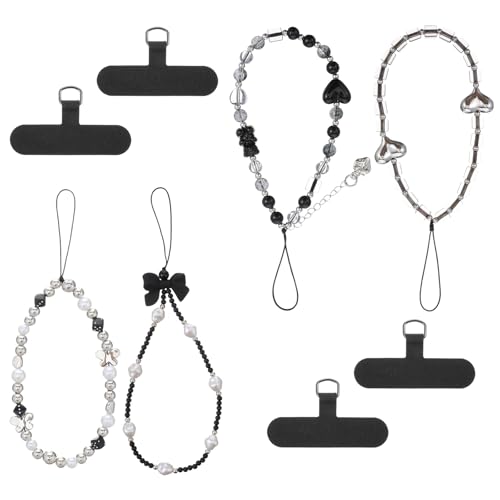cobee 4 Pcs Beaded Phone Charm Strap, Cool Aesthetic CellPhone Keychain Black Phone Bracelet Wrist Straps with Tether Tab Bracelet Lanyard Keychain Charm Gothic CellPhone Keychains for Women