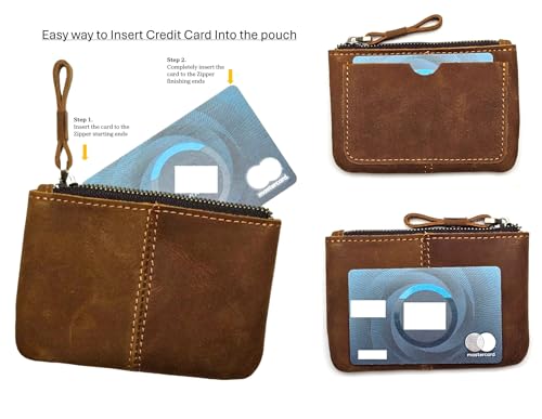 Image of Genuine Leather Coin Purse Pouch for Women Men Vintage Cowhide Grain Leather Slim Mini Wallet Metal Zipper with Real Leather handle, #02 Dark Blue, 1-Pack, Retro Vintage