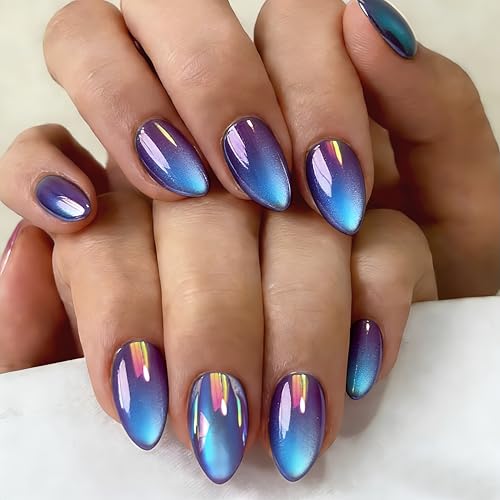 SXVME Chrome Dusty Purple Press on Nails Short Almond, Glazed Cute Fake Nails with Sparkle Mirror Design, Shiny Glitter Glue on Nails Stiletto, Gel Nail Press ons with Glue for Fingernail 30 Pcs